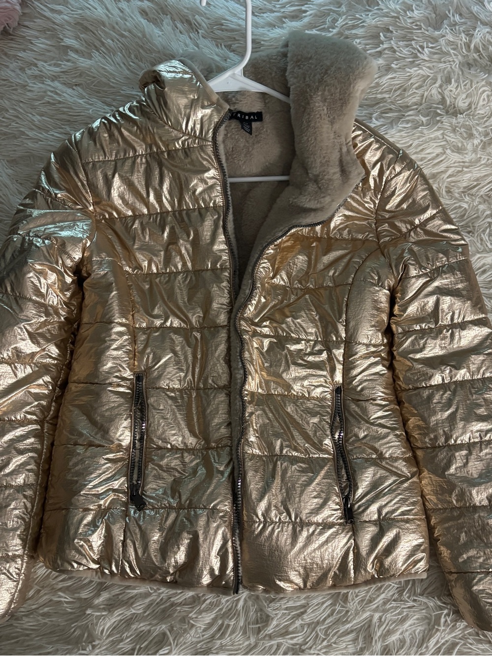 Tribal Metallic Gold Puffer Coat with Sherpa Trim